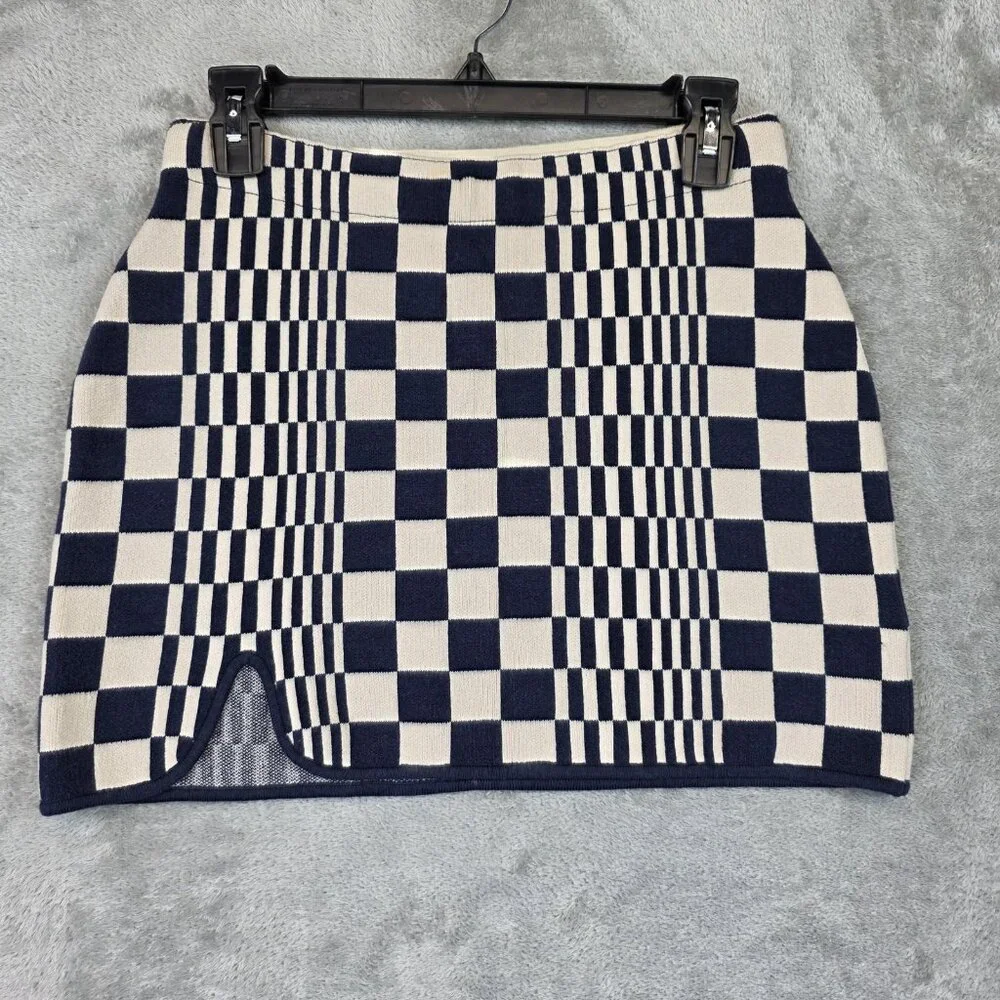 Urban Outfitters Skirt Womens Small Blue Check Knit Mini Elastic Waist Slit
